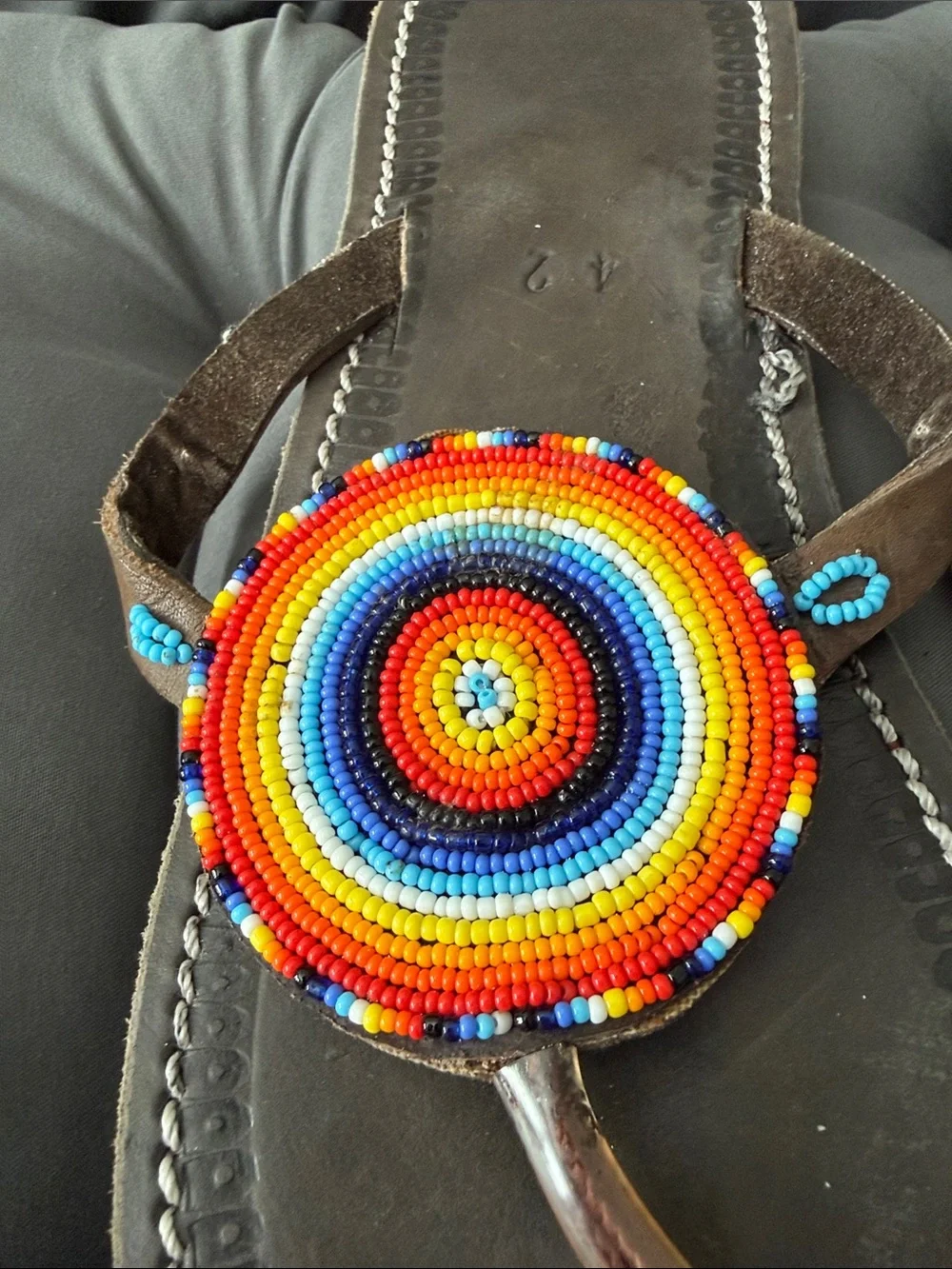 Beaded Rainbow Circle Brown Leather Thong Sandals
